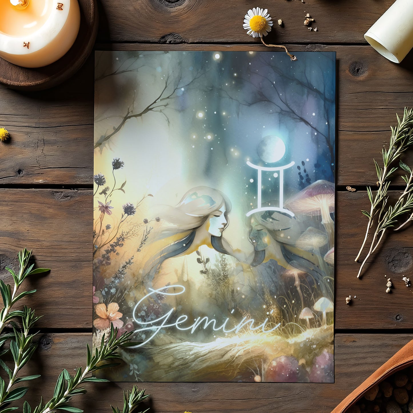 Tvillingarna – Stjärnteckenkort med stjärnbild & kristaller – Astrologiskt A6-kort för journaling eller gåva – ZC425