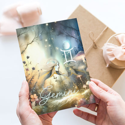 Tvillingarna – Stjärnteckenkort med stjärnbild & kristaller – Astrologiskt A6-kort för journaling eller gåva – ZC425