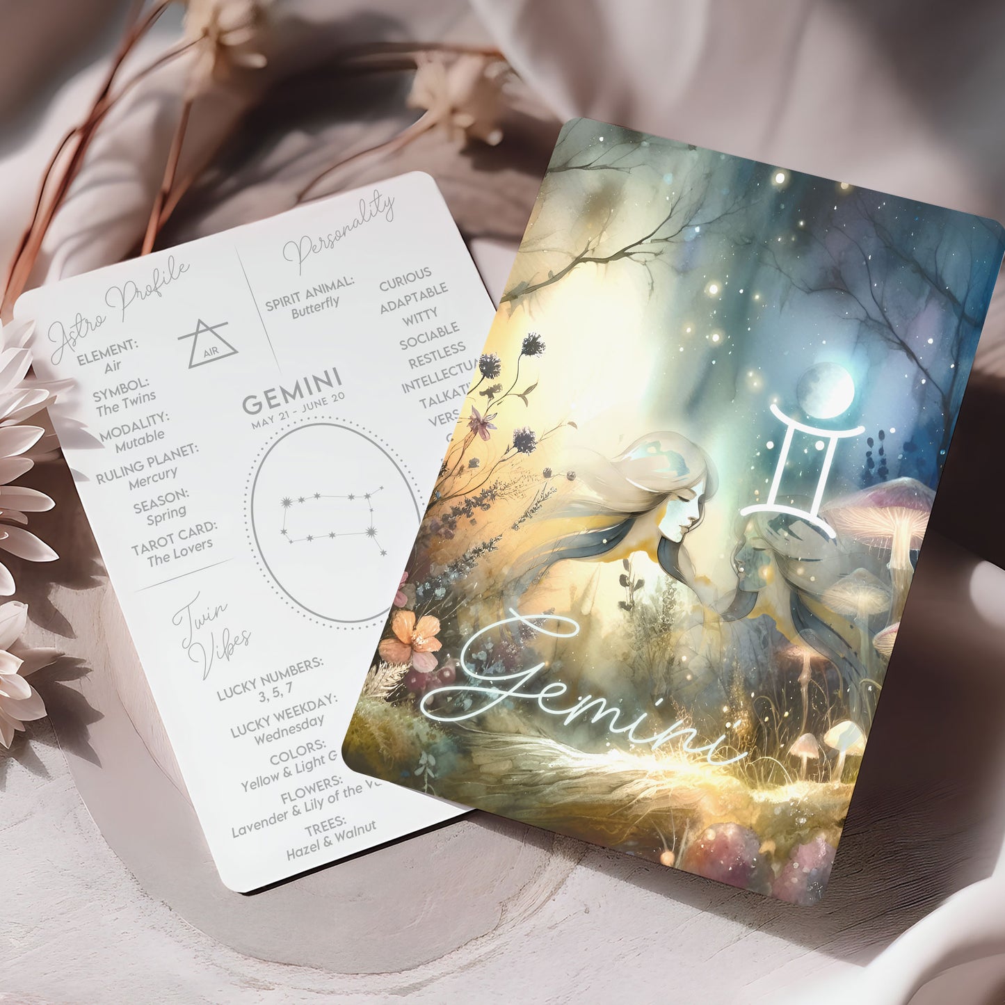 Tvillingarna – Stjärnteckenkort med stjärnbild & kristaller – Astrologiskt A6-kort för journaling eller gåva – ZC425