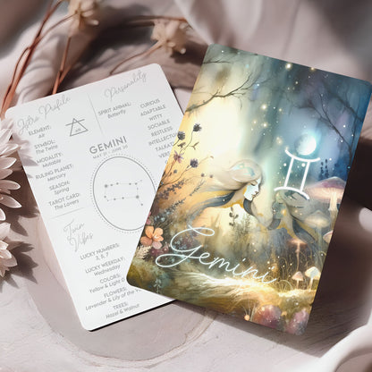 Tvillingarna – Stjärnteckenkort med stjärnbild & kristaller – Astrologiskt A6-kort för journaling eller gåva – ZC425
