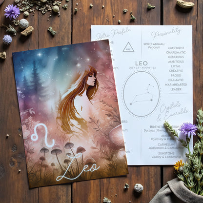 Lejonet  – Stjärnteckenkort med stjärnbild & kristaller – Astrologiskt A6-kort för journaling eller gåva – ZC426