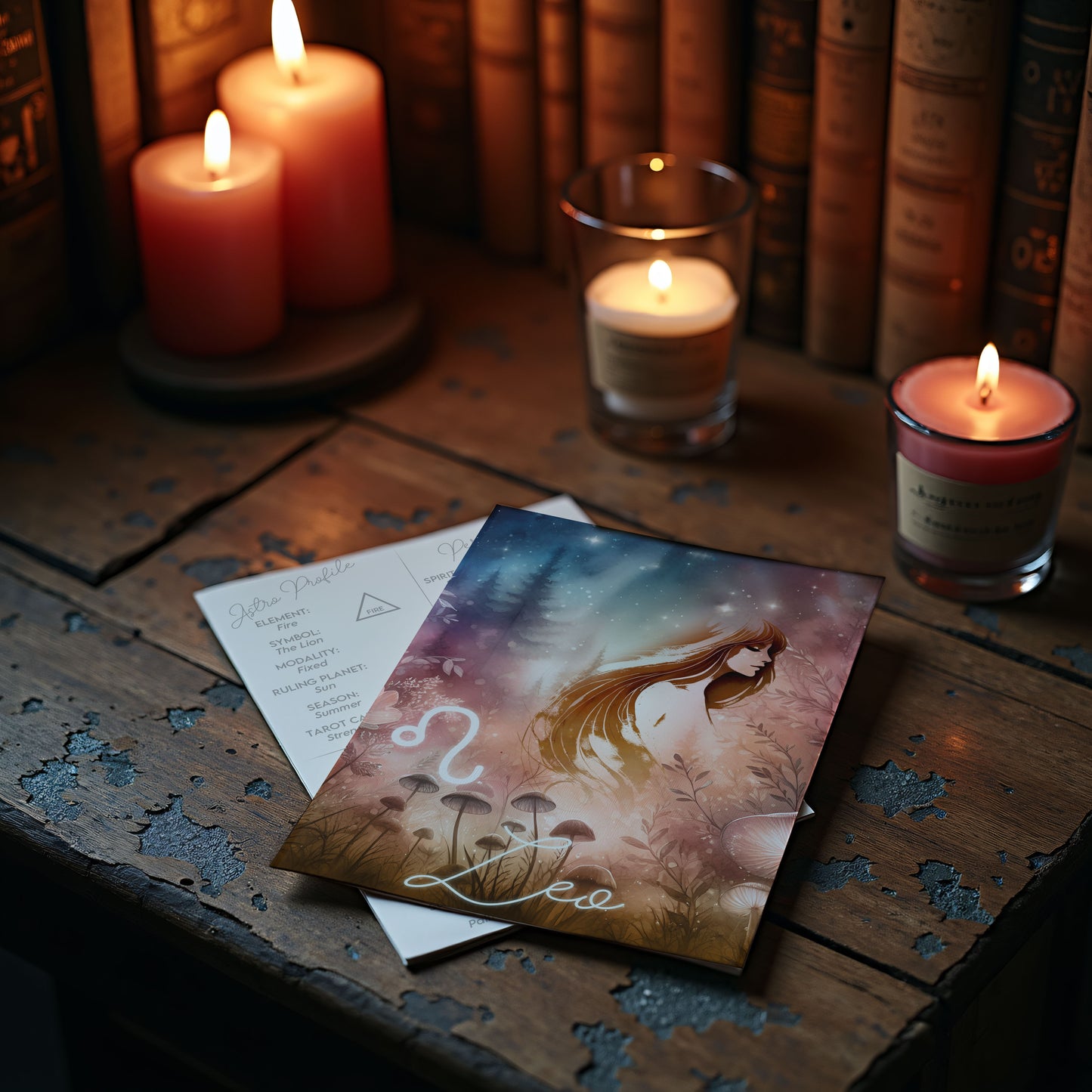 Lejonet  – Stjärnteckenkort med stjärnbild & kristaller – Astrologiskt A6-kort för journaling eller gåva – ZC426