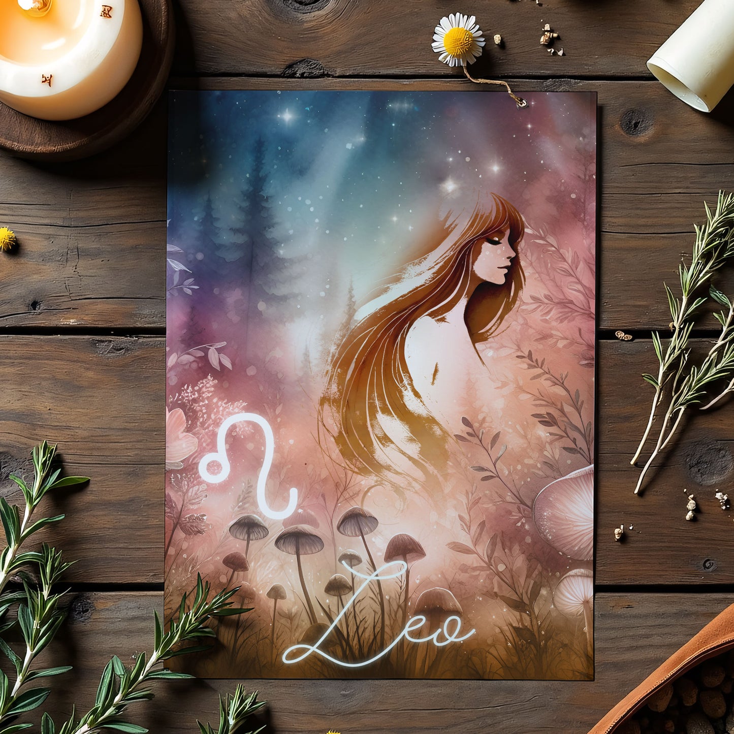 Lejonet  – Stjärnteckenkort med stjärnbild & kristaller – Astrologiskt A6-kort för journaling eller gåva – ZC426