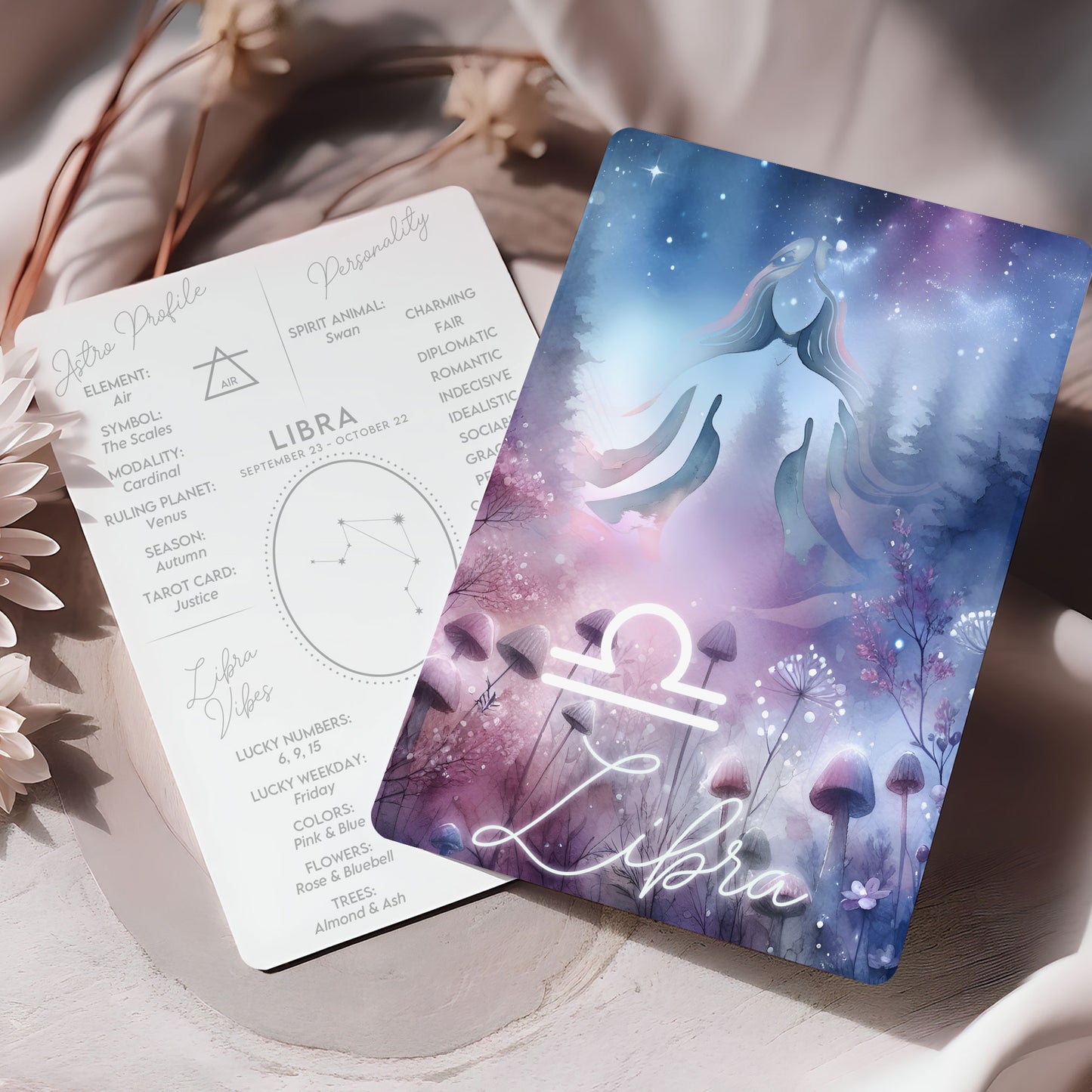 Vågen – Stjärnteckenkort med stjärnbild & kristaller – Astrologiskt A6-kort för journaling eller gåva – ZC427