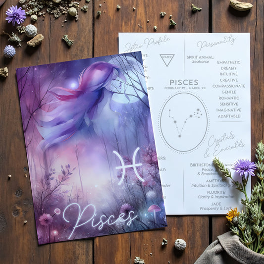 Fiskarna – Stjärnteckenkort med stjärnbild & kristaller – Astrologiskt A6-kort för journaling eller gåva – ZC428