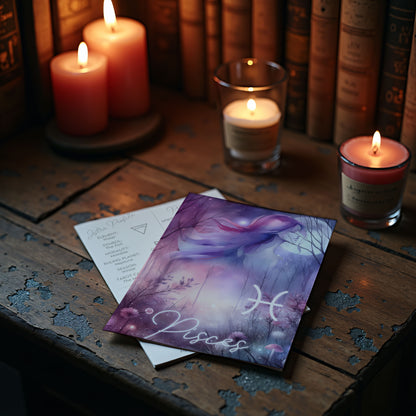 Fiskarna – Stjärnteckenkort med stjärnbild & kristaller – Astrologiskt A6-kort för journaling eller gåva – ZC428