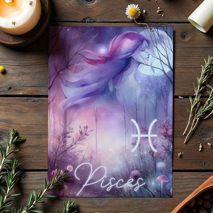 Fiskarna – Stjärnteckenkort med stjärnbild & kristaller – Astrologiskt A6-kort för journaling eller gåva – ZC428