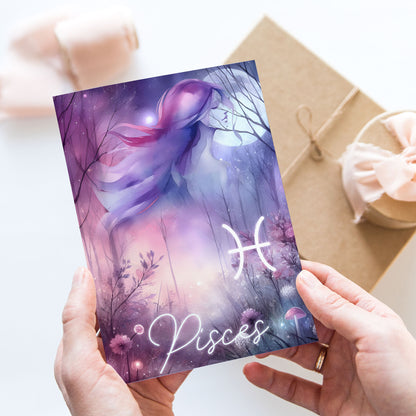 Fiskarna – Stjärnteckenkort med stjärnbild & kristaller – Astrologiskt A6-kort för journaling eller gåva – ZC428