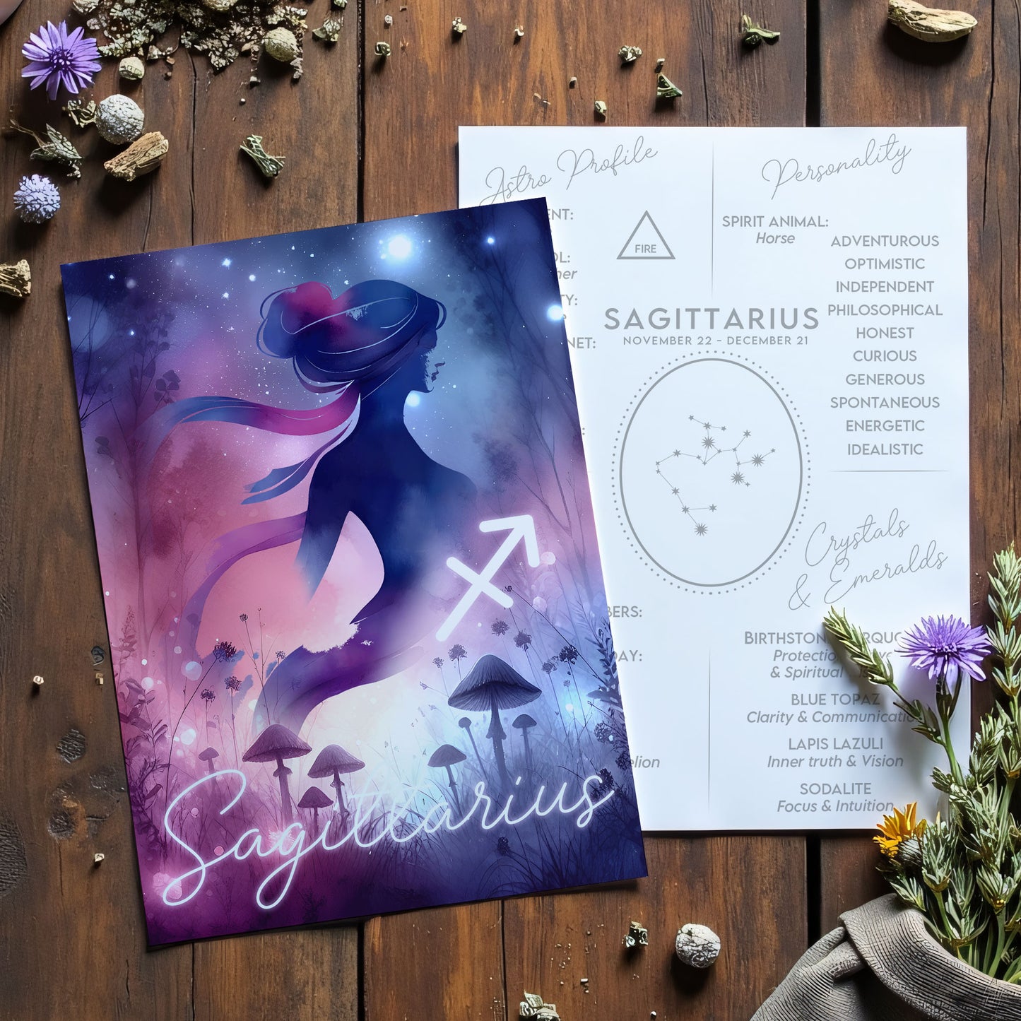 Skytten – Stjärnteckenkort med stjärnbild & kristaller – Astrologiskt A6-kort för journaling eller gåva – ZC429