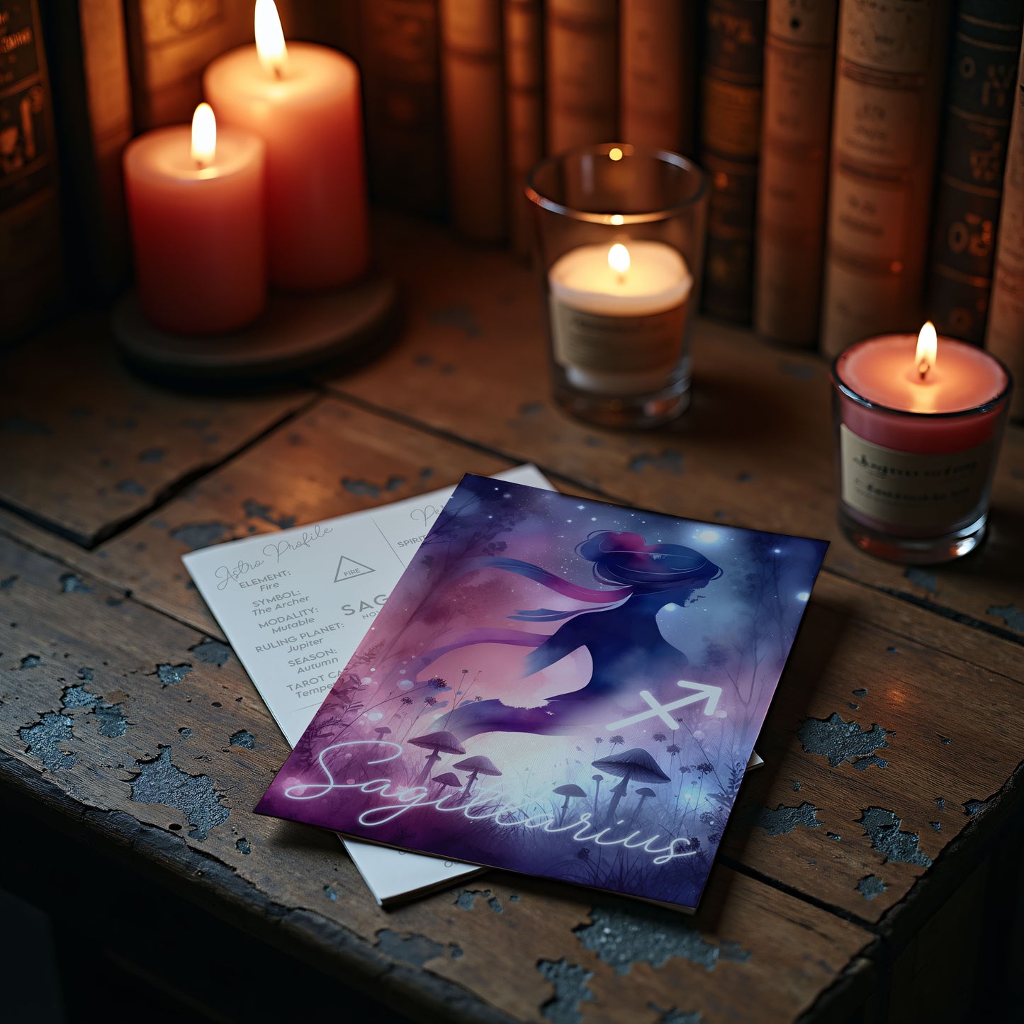 Skytten – Stjärnteckenkort med stjärnbild & kristaller – Astrologiskt A6-kort för journaling eller gåva – ZC429