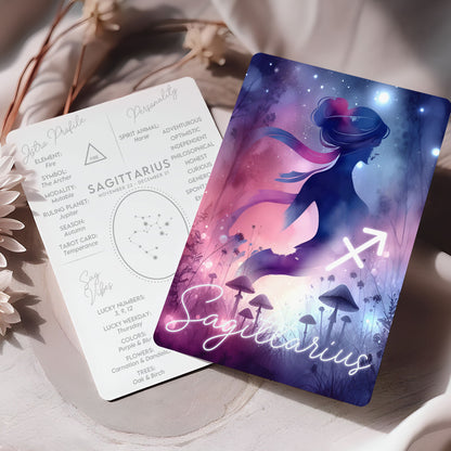Skytten – Stjärnteckenkort med stjärnbild & kristaller – Astrologiskt A6-kort för journaling eller gåva – ZC429