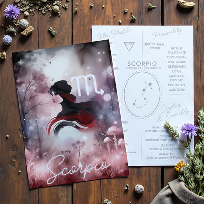 Skorpionen – Stjärnteckenkort med stjärnbild & kristaller – Astrologiskt A6-kort för journaling eller gåva – ZC430