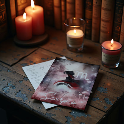 Skorpionen – Stjärnteckenkort med stjärnbild & kristaller – Astrologiskt A6-kort för journaling eller gåva – ZC430