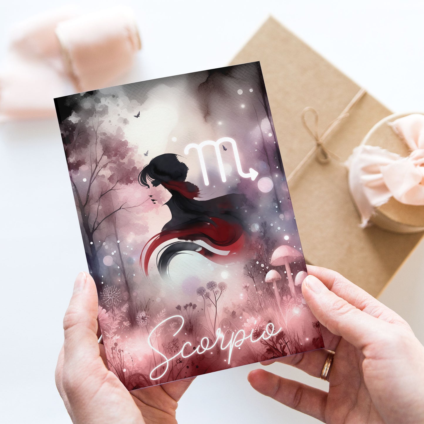 Skorpionen – Stjärnteckenkort med stjärnbild & kristaller – Astrologiskt A6-kort för journaling eller gåva – ZC430