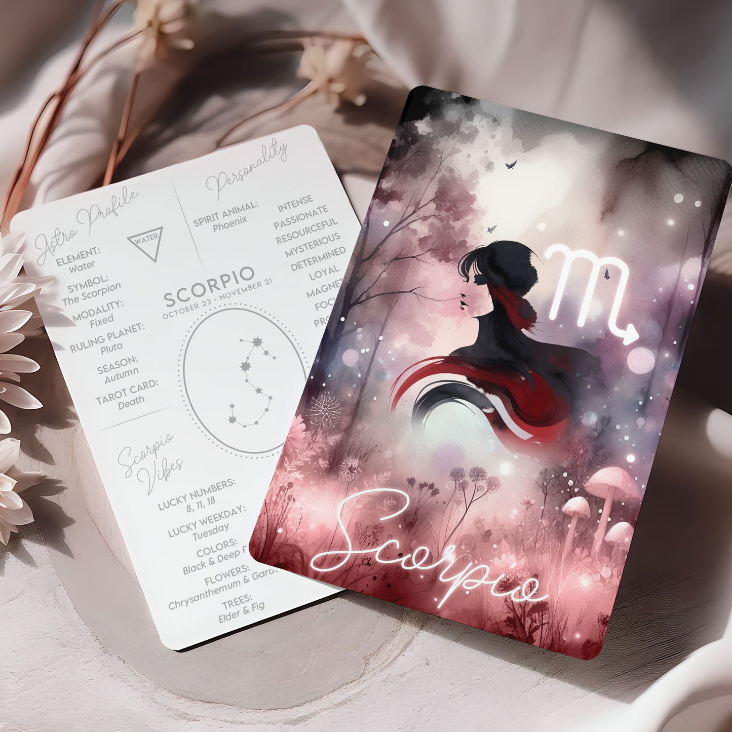 Skorpionen – Stjärnteckenkort med stjärnbild & kristaller – Astrologiskt A6-kort för journaling eller gåva – ZC430