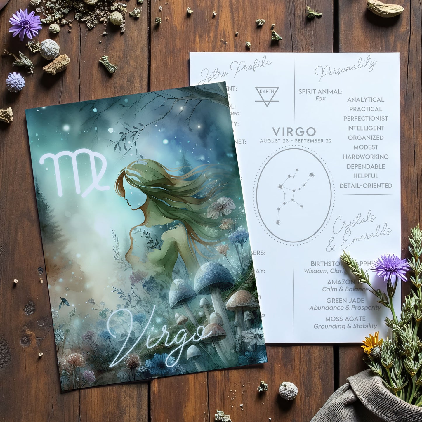 Jungfrun – Stjärnteckenkort med stjärnbild & kristaller – Astrologiskt A6-kort för journaling eller gåva – ZC431