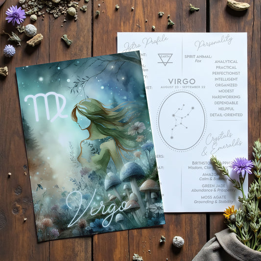 Jungfrun – Stjärnteckenkort med stjärnbild & kristaller – Astrologiskt A6-kort för journaling eller gåva – ZC431