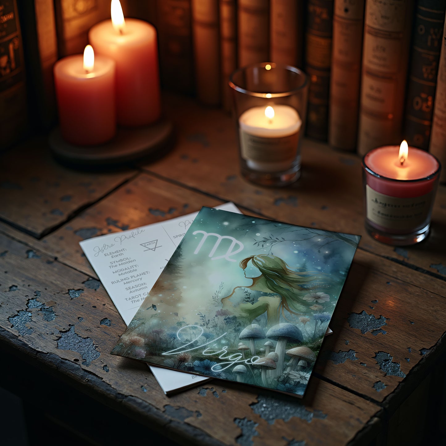 Jungfrun – Stjärnteckenkort med stjärnbild & kristaller – Astrologiskt A6-kort för journaling eller gåva – ZC431