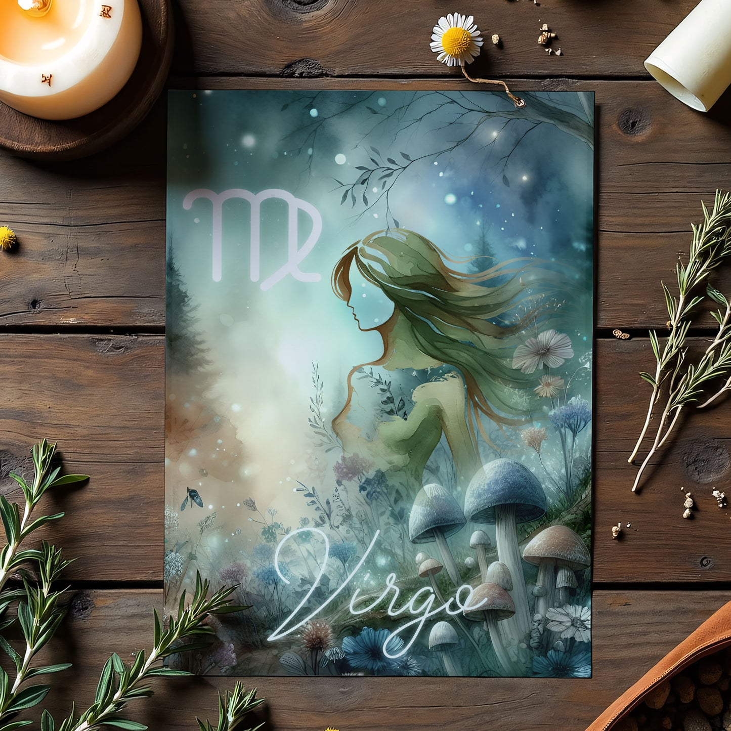 Jungfrun – Stjärnteckenkort med stjärnbild & kristaller – Astrologiskt A6-kort för journaling eller gåva – ZC431