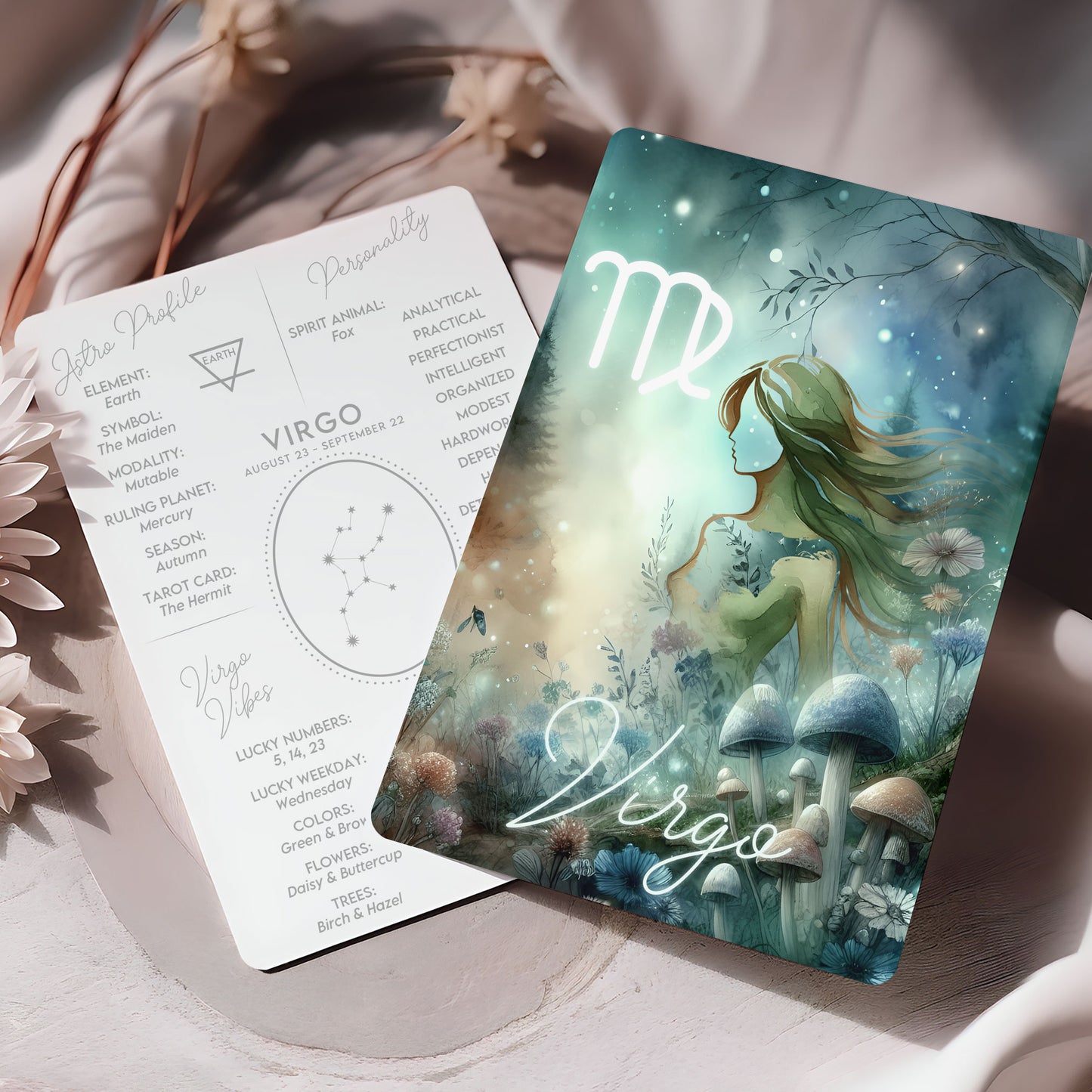 Jungfrun – Stjärnteckenkort med stjärnbild & kristaller – Astrologiskt A6-kort för journaling eller gåva – ZC431