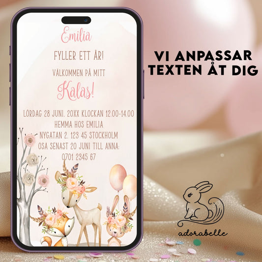 Digital Kalasinbjudan till barn – Rosa Woodland | Personlig animerad video