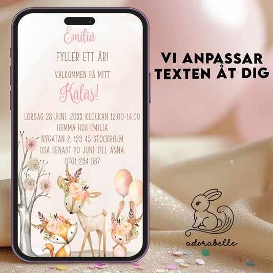 Digital Kalasinbjudan till barn – Rosa Woodland | Personlig animerad video